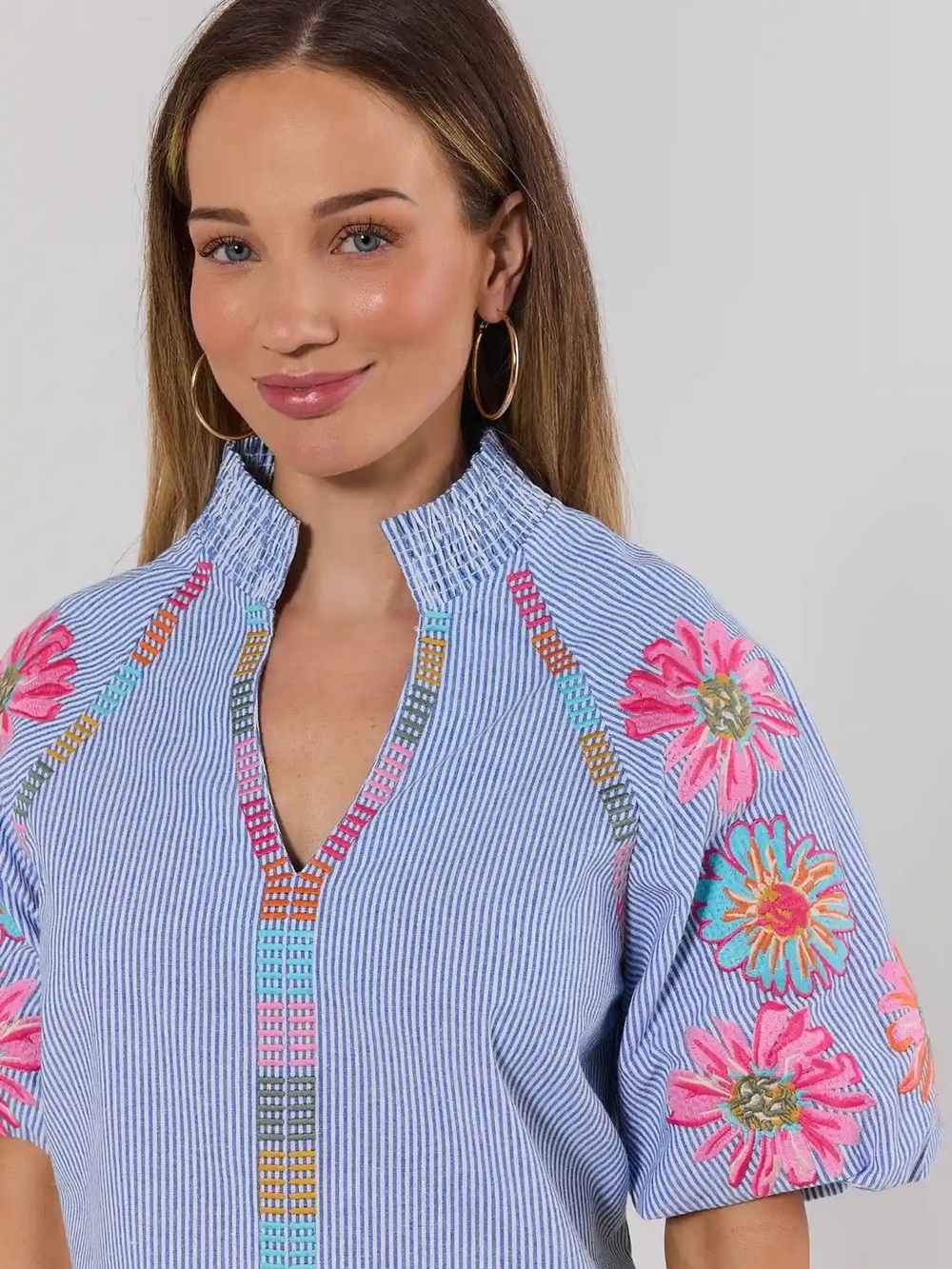 NWT THML Blue Floral Striped Embroidered Top - size extra small - Picture 2 of 15